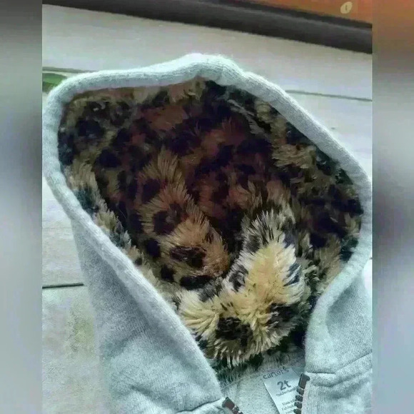 Carter's Faux Fur Leopard Print Zip Up Hooded Sweatshirt Jacket Girls Toddler 2T - Picture 3 of 5